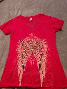 Women's Hot Pink V-Neck Embellished Graphic Tee